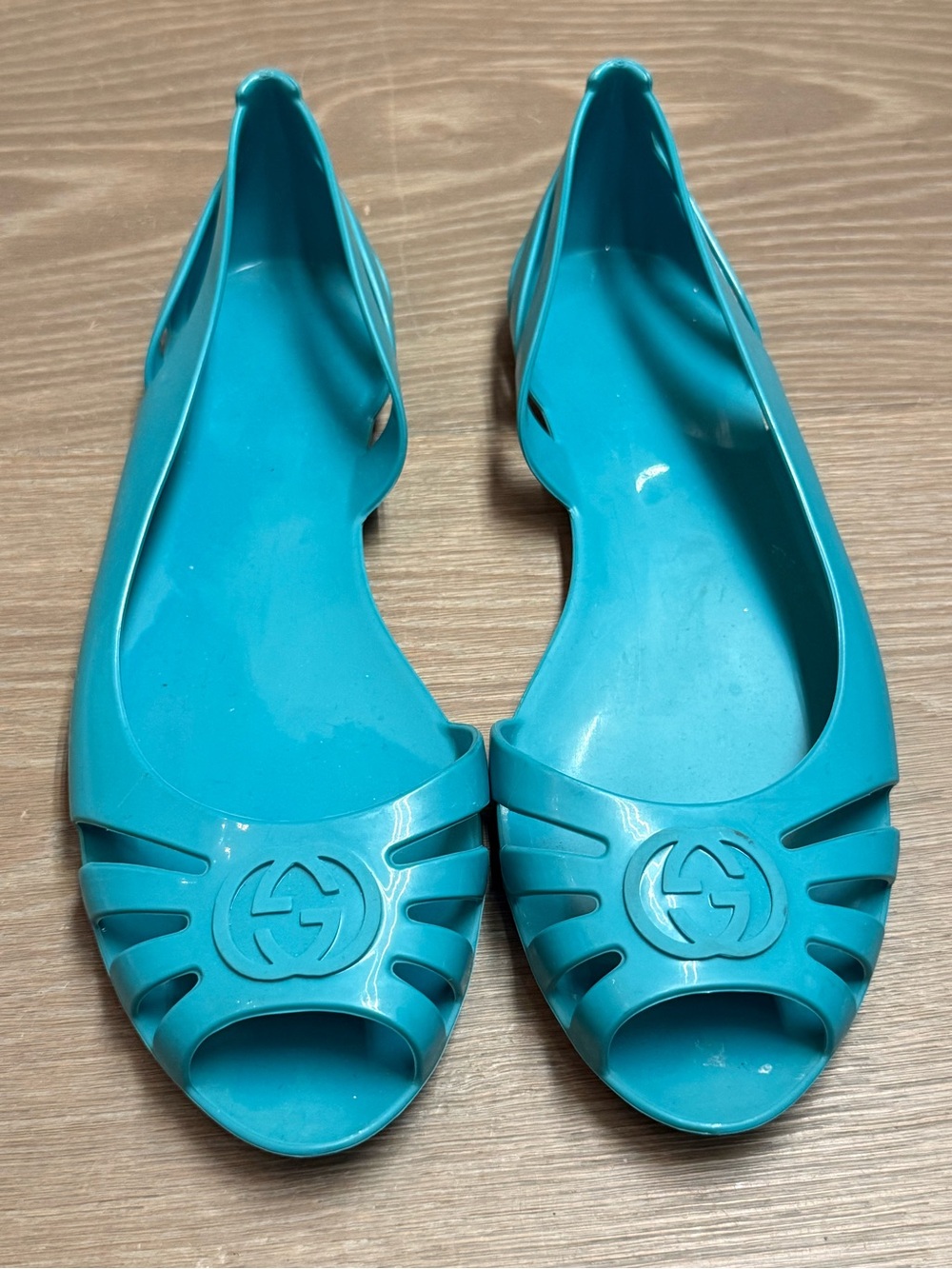 Gucci Turquoise Jelly Peep-Toe Flats